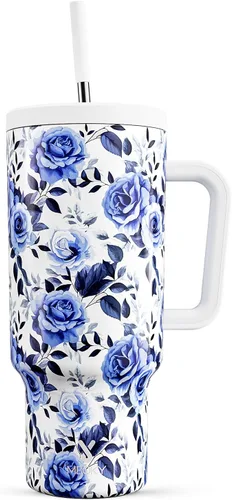 Miniatura 29 de Meoky - Vaso de 30 oz con asa, tapa y pajilla, taza de viaje térmica de acero inoxidable 100% a prueba de fugas, para portavasos, mantiene el frío