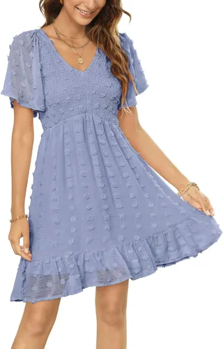 Annebouti Vestido corto de verano para mujer, manga corta, cuello en V, volantes, floral, lunares suizos, fruncido