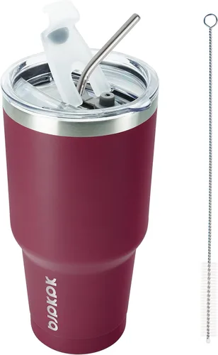 BJPKPK - Vaso térmico de acero inoxidable de 30 onzas con tapa y pajilla, reutilizable, para viaje, café, color rojo ladrillo Ladrillo rojo-30oz