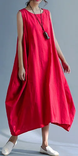Miniatura 3 de GGUHHU Maxivestido holgado sin mangas de lino y algodón para mujer con bolsillos
