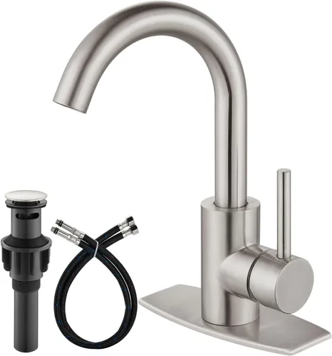 Miniatura 10 de Airuida Grifo de baño de un solo agujero, acero inoxidable giratorio de 360° con drenaje desplegable y placa de cubierta, grifo moderno de barra