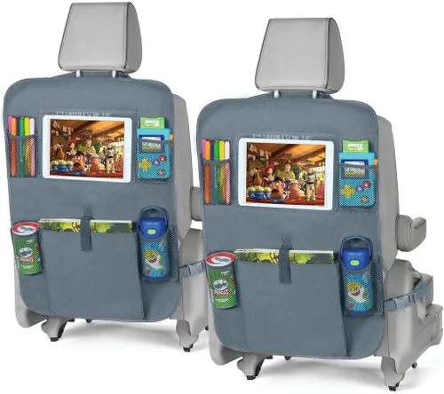Miniatura 12 de lebogner Funda de asiento trasero para niños + organizador de almacenamiento de 3 bolsillos, paquete de 2 alfombrillas protectoras para asiento Beige