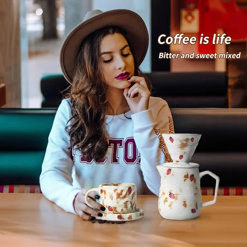 Miniatura 8 de Juego de cafetera hecha a mano con taza de café con patrón de fresa, 20 unidades, filtro de papel V60, cafetera de goteo de 20 onzas (fresa)