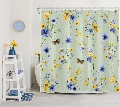 Miniatura 2 de EOBTAIN Cortina de ducha floral de acuarela para baño, margaritas y mariposas sobre tela beige con 10 ganchos, juego de cortinas de baño rústicas
