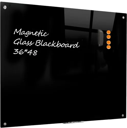Pizarra de Vidrio Negro Magnética de Borrado en Seco - Pizarra Negra de 48 x 36 Pulgadas Montada en Pared de Vidrio, Pizarra de Vidrio Negro Grande