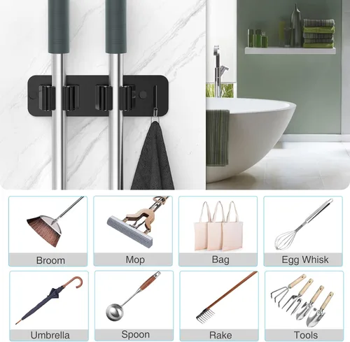 Miniatura 9 de homeasy - Soporte de pared para escoba y fregona, organizador con ganchos de acero inoxidable resistente Pack de 2, instalación sin taladro ni