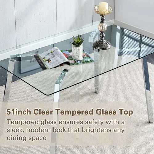 Miniatura 2 de Juego de mesa de comedor de cristal para 4, mesa rectangular con 4 sillas de cocina de cuero gris, juego de comedor de cocina de 51 pulgadas, mesa 4