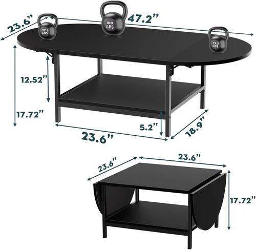 Miniatura 2 de SAYGOER - Mesa de café negra moderna con extensión y almacenamiento para sala de estar, mesa central única de 2 niveles con dos paneles plegables