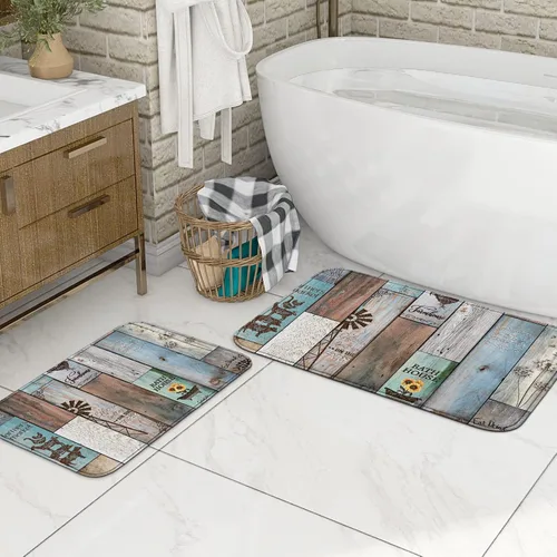 Miniatura 2 de Juego de baño estilo granja de 3 piezas con cortina de ducha y alfombras, cortina de ducha de 72'' y dos alfombras de baño antideslizantes lavables