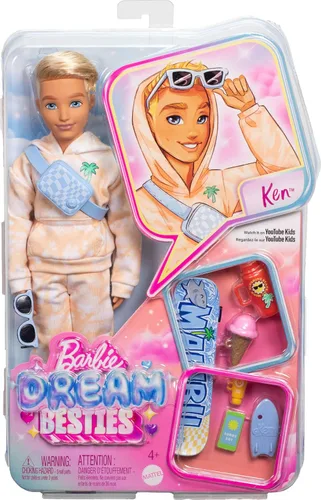 Miniatura 7 de Muñeca Barbie Dream Besties y Accesorios, Muñeca Ken Posable de Moda con Ropa Removible y Cabello Rubio, 9 Piezas Temáticas de Verano y Patinaje