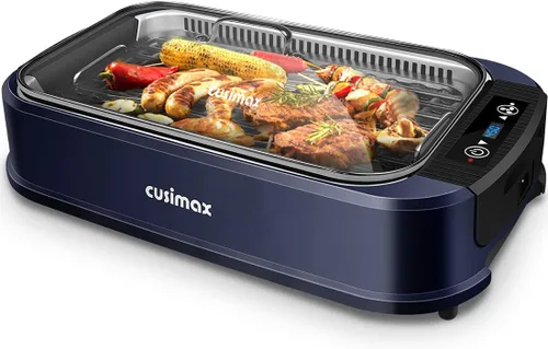 Parrilla eléctrica para interiores CUSIMAX, parrilla coreana sin humo portátil con tecnología de extractor de humo turbo, placa extraíble y Azul