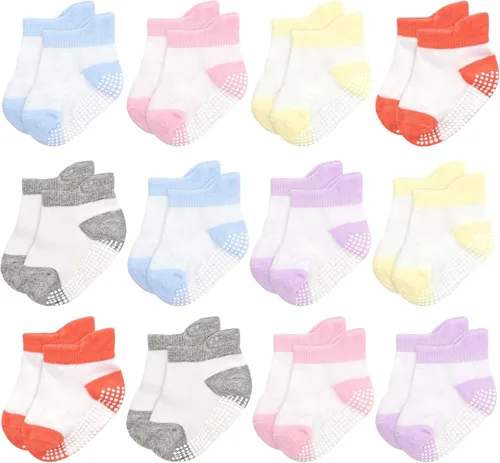 Miniatura 9 de GRPSKCOS - Calcetines antideslizantes para niños pequeños de 12 pares, calcetines antideslizantes para tobillos para niñas y niños, calcetines
