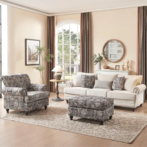 Miniatura 7 de Silla decorativa moderna, sillón tapizado de felpilla con patas de madera maciza, diseño floral para sala de estar, dormitorio, sala de lectura