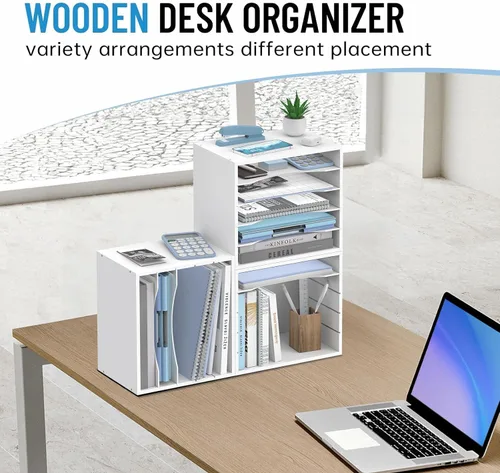 Miniatura 2 de Organizador de escritorio de madera de 5 niveles, organizador de bandeja de papel para escritorio con estantes de almacenamiento ajustables, Blanco