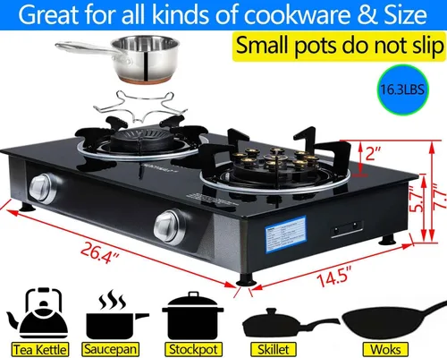 Miniatura 4 de Horynar Estufa de propano de 2 quemadores Estufa de gas Novel 9 Quemadores de propano de cobre, vidrio templado de encendido automático con manguera