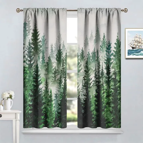 Miniatura 3 de BAEKJIN Cortinas verdes de bosque brumoso, acuarela, naturaleza, paisaje, plantas, árbol, bolsillo para barra, opacas, tratamiento de ventana