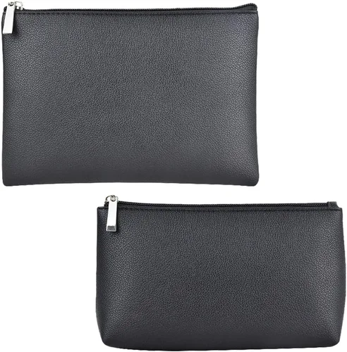 Miniatura 13 de Juego de 2 bolsas de maquillaje, pequeña bolsa de maquillaje con cremallera, bolsa de cosméticos portátil para viajes, bolsa de belleza de piel Negro