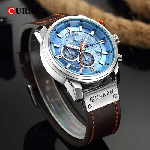 Miniatura 3 de Reloj deportivo con cronógrafo para hombre, correa de cuero marrón, reloj de cuarzo, reloj de pulsera casual para hombre, Completo negroacero.