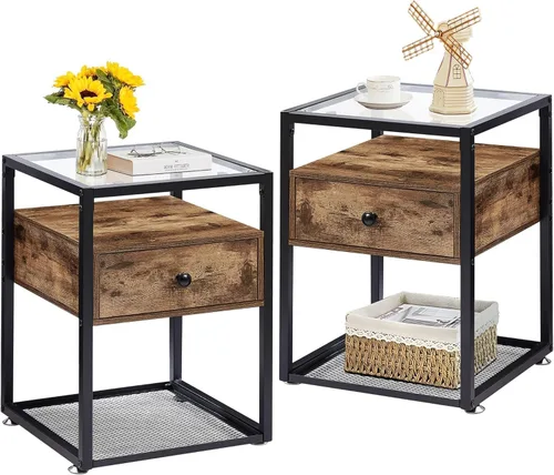Miniatura 7 de VECELO Mesita de noche moderna con cajón, mesita de noche para sala de estar, dormitorio, vidrio templado, gris