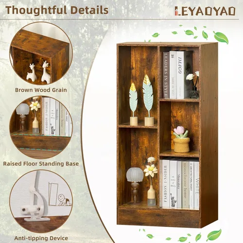 Miniatura 5 de LEYAOYAO Estantería moderna de 5 cubos de madera marrón de mediados de siglo, estante organizador de almacenamiento de 3 niveles, gabinete