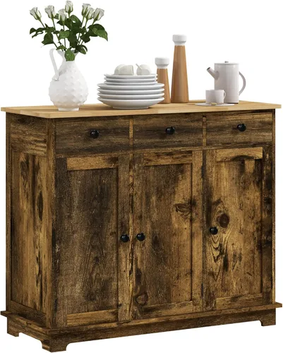 Miniatura 24 de HOMCOM Aparador de buffet con encimera de madera maciza, gabinete de almacenamiento de cocina moderno, gabinete de barra de café con 2 cajones, Negro