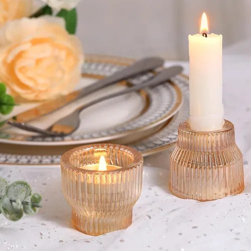 Miniatura 3 de HAVITI Paquete de 12 portavelas cónicos dorados, portavelas de cristal, candelabros de té para centros de mesa de boda de otoño, decoración de mesa