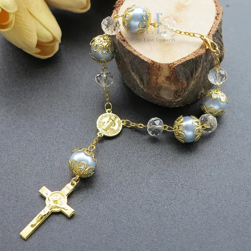 Miniatura 6 de Rosario de la década de la década de perlas de imitación azul, 12 unidades, para bautizo/bautizo/boda/recuerdos de membrillo mis / bautizo