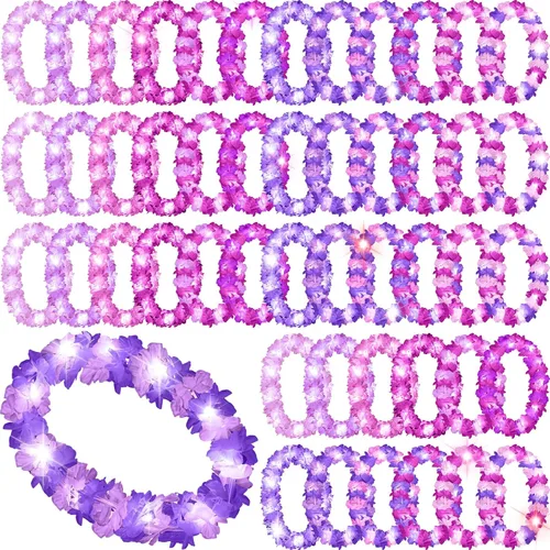 Miniatura 14 de Sherr 48 piezas Collares de leis hawaianas LED con luces LED, collares de flores de Luau para mascarada, playa, boda tropical, suministros
