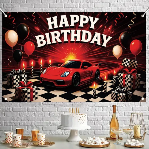Miniatura 7 de Telón de fondo de auto de carreras con texto en inglés «Happy Birthday» de 71 x 43 pulgadas, para niños, decoración de fiesta de cumpleaños