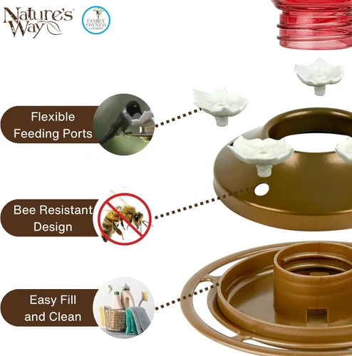 Miniatura 4 de Nature's Way Comedero colgante de vidrio para colibríes para decoración al aire libre, alimentador de néctar de capacidad de 25 onzas, 5 puertos