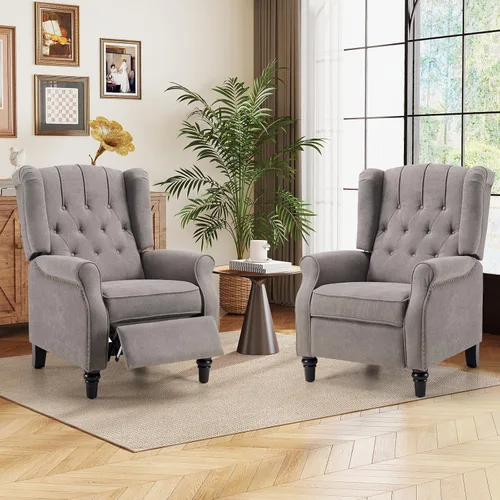Miniatura 10 de Bonzy Home Sillón reclinable orejero de empuje hacia atrás, sillón tapizado de respaldo alto con patas de madera maciza, decoración con remaches