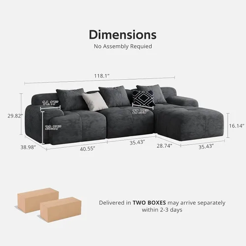 Miniatura 2 de Sofá Seccional Modular Moderno en Forma de L para Sala de Estar, Sofá de 3 Plazas de Gran Tamaño con Asiento Profundo y Otomana Móvil – Sin Montaje