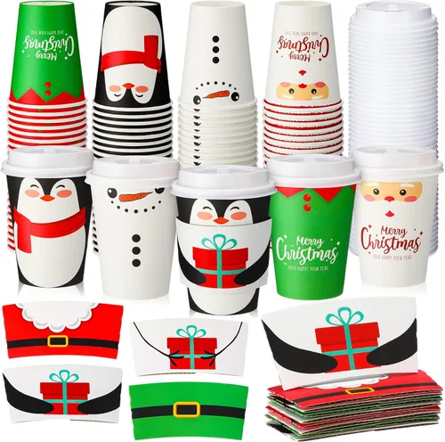 Yungyan Paquete de 100 Tazas de Café Desechables de Navidad de 12 oz con Tapas y Mangas, Tazas de Café de Papel Aisladas con Tapas de Cúpula y