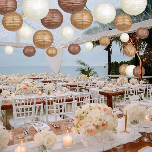 Miniatura 4 de Paquete de 12 linternas de papel marrones, crema, color tostado, colgantes redondas, decorativas para graduación, baby shower, boda, cumpleaños