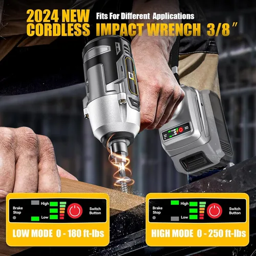 Miniatura 3 de Llave de impacto inalámbrica para batería Dewalt 250FT-LBS 3/8 pulgadas 340N.m Pistola de impacto compacta sin escobillas eléctrica incluye luz