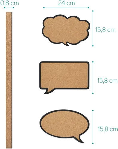 Miniatura 6 de Navaris Juego de tableros de anuncios de corcho, 3 tablones de corcho en bonitas formas decorativas de burbujas de habla y pensamiento con alfileres