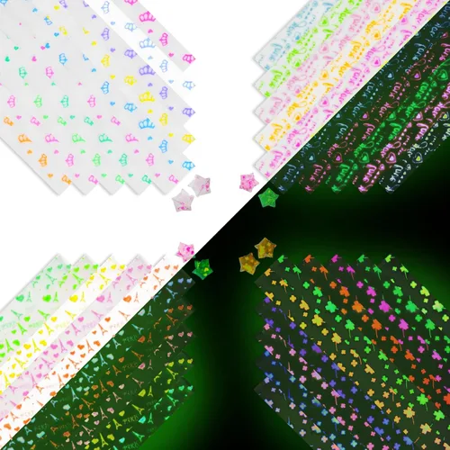 Wowagoga 840 hojas de papel luminoso de origami en tiras con 4 patrones para doblar estrellas de papel estrellas de la suerte para manualidades DIY