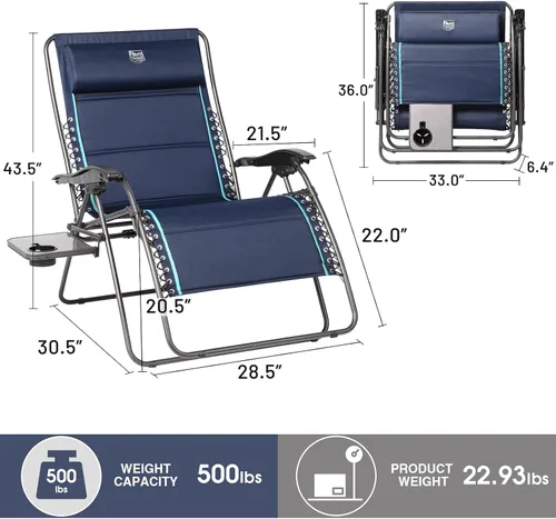Miniatura 3 de TIMBER RIDGE Silla reclinable de gravedad cero extra grande, de 33 pulgadas de ancho XXL, con mesa auxiliar, silla de salón acolchada completa