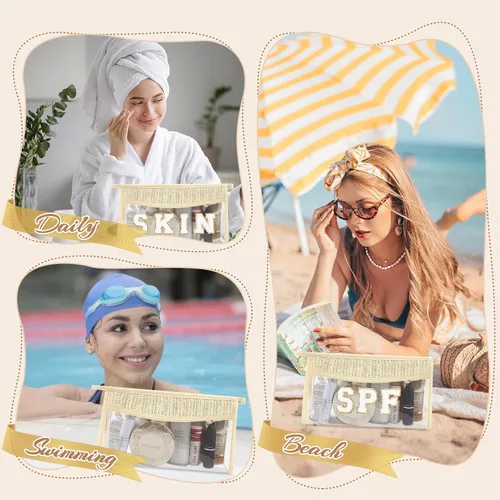 Miniatura 6 de Pequeñas bolsas de maquillaje transparentes de paja bohemia para mujeres y niñas, bolsa de cosméticos con cremallera de chenilla, bolsa de parche