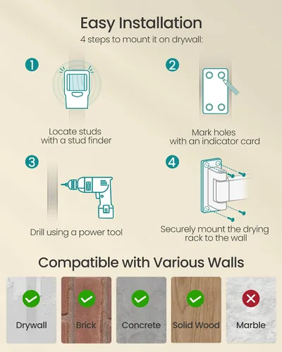Miniatura 8 de SONGMICS Tendedero para Secar Ropa, Tendedero de Lavandería Montado en la Pared, Extensible, Brazos Plegables, con 21 Ganchos Deslizantes Blanco Nube