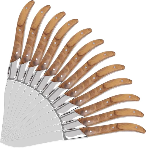 Miniatura 13 de LUVCOSY Juego de cuchillos para carne estilo Laguiole de 6, juego de cuchillos para carne sin dientes con mango de madera de olivo, cuchillos