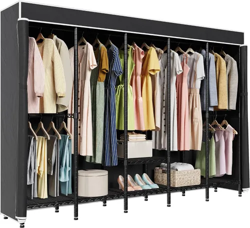 Miniatura 7 de Higeego Perchero de Ropa Resistente de 94.5" de Ancho con Cubierta, Perchero de Ropa H5C con Estantes Ajustables Armario Closet Independiente