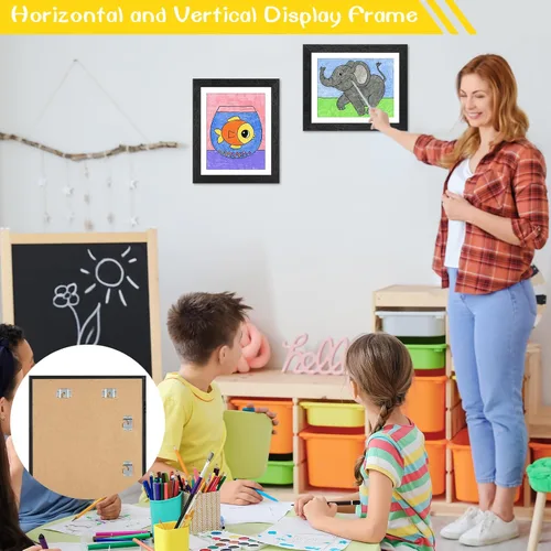 Miniatura 3 de Paquete de 3 marcos de arte infantil en grano de madera negra, 10 x 12.5 pulgadas con paspartú, 8.5 x 11 pulgadas sin paspartú, apertura frontal