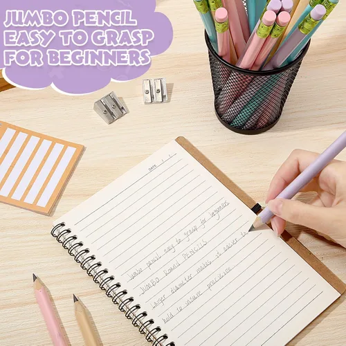 Miniatura 5 de Fainne 48 piezas de lápices gordos jumbo grandes gruesos y 3 piezas de sacapuntas para niños principiantes, preescolares, jardín de infantes