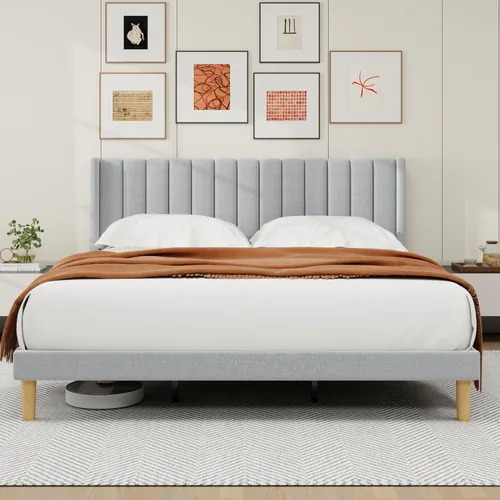 Miniatura 11 de alazyhome - Marco de cama tapizado de plataforma tamaño Queen con cabecera, soporte de listones de madera, sin ruido, fácil montaje, terciopelo beige