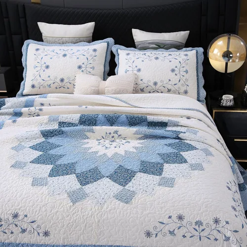 Miniatura 39 de Juego de edredón azul floral con patrón de bordado 3D de 2 piezas, 100% algodón, reversible, acolchado bordado decorativo, cubrecamas, juego