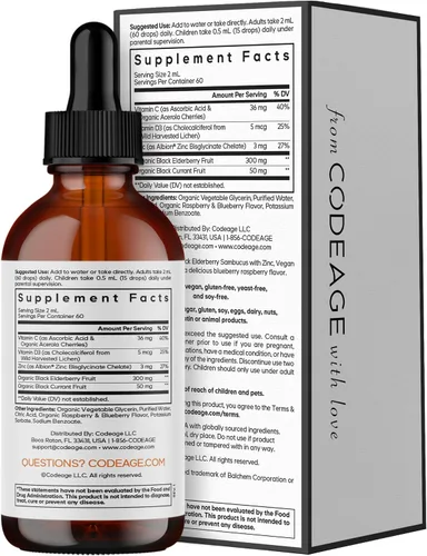 Miniatura 9 de Codeage Elderberry Vitamins Pro – Gotas líquidas de saúco negro orgánico – Vitamina C, D3, zinc, grosella negra – Suministro de 2 meses – Líquido