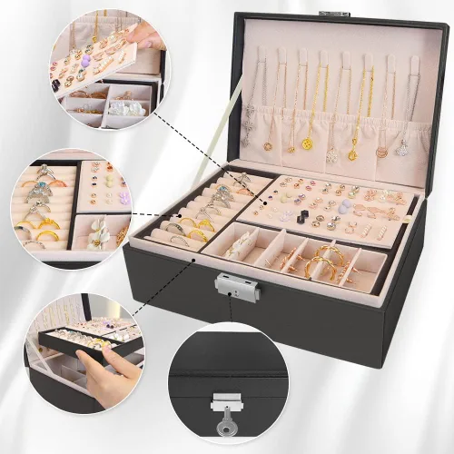 Miniatura 3 de MRMOSY Joyero para mujeres y niñas organizador de joyas estuche de almacenamiento de 2 capas de piel sintética con bandeja extraíble y cerradura