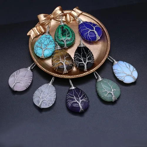 Miniatura 5 de 4 colgantes de piedra natural, forma de gota de agua, chakra, cristal, ágata, alambre de piedra, tejer, diseño de árbol de la vida, para hacer