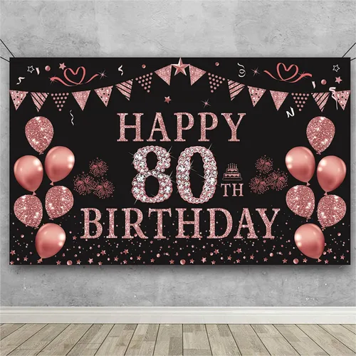Trgowaul Decoraciones de cumpleaños número 80 para mujer, pancarta de fondo de cumpleaños de color oro rosa, 5.9 x 3.6 pies, suministros de